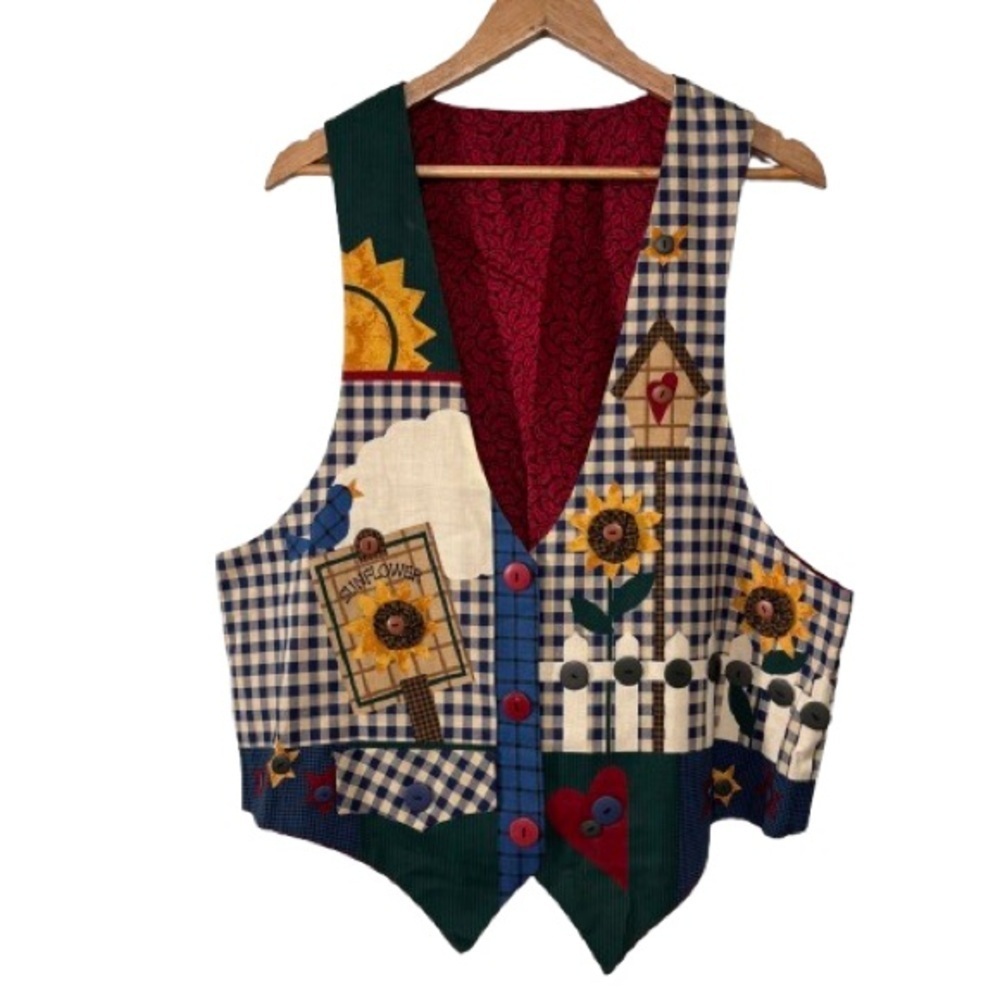 Handmade Autumn Patchwork Gingham Sunflower Cotton Vest Size L